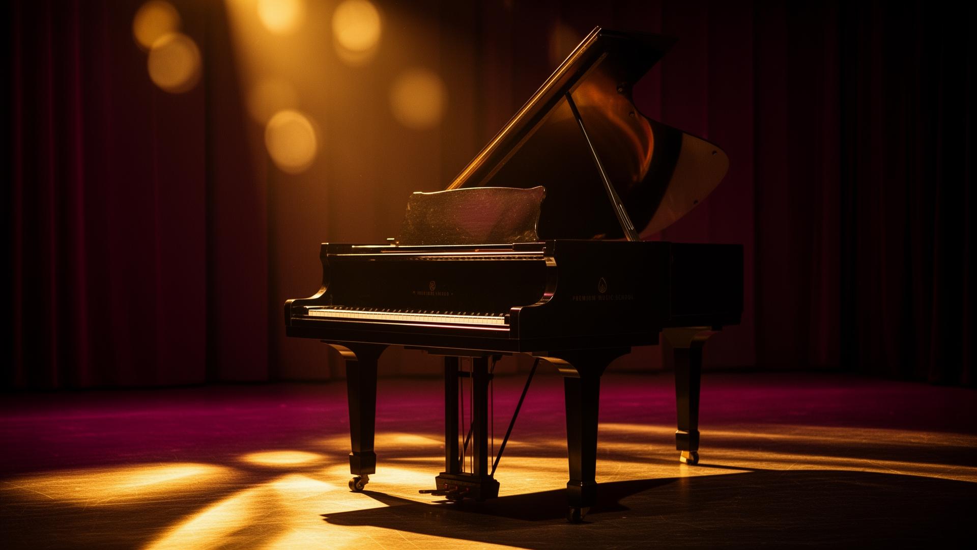 Grand piano on a warmly lit stage